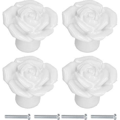 Set mit 4 modernen Keramik-Schrankknöpfen mit rosenförmigen Griffen für Wohnzimmer, Schlafzimmer, weiß