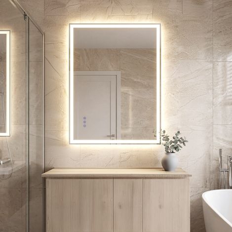 Songmics – Miroir lumineux de salle de bain 60,7 x 80,7 cm – Anti-buée – Éclairage LED ajustable – Verre trempé blanc