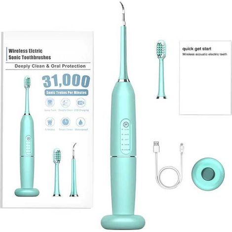 Zahnreiniger, tragbare Zahnbürste, Zahnsteinentferner, 31.000 Vibrationen pro Minute, wasserdicht bis Stufe 6, mit Bürstenkopf, Ladestation (grün) (1/5)