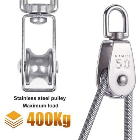 Poulie Simple - Acier Inoxydable 304 - Diamètre Roue 50 mm - Rotation 360° - Charge Max 400 kg - Pour Cordes - Lot de 2 (1/5)