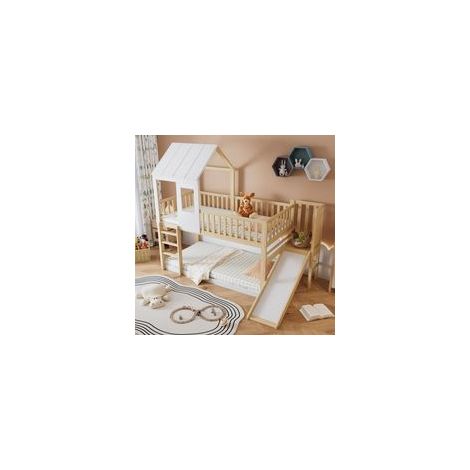 Lit superposé 90x200 cm avec toboggan, lit enfant avec échelle, protection antichute et grille, naturel et blanc, sans matelas (1/5)