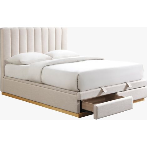 DANIEL Lit double en tissu beige avec coffre et 2 tiroirs 140x190 cm