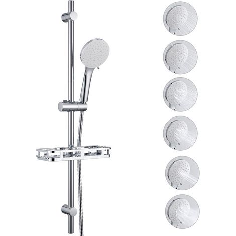 Auralum Max Barra Ducha 90 cm con Alcachofa de Ducha de 6 Modos y Estante Soporte Ajustable 360°, Flexo de Acero Inoxidable de 1,5 m, Barra de Ducha de Acero Inoxidable, Cromo (1/5)