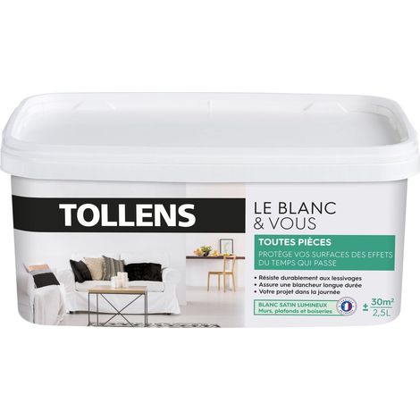 Tollens – Peinture acrylique blanche satinée – Résistance aux chocs – Opacité renforcée – Séchage rapide – 2,5L pour 30m²