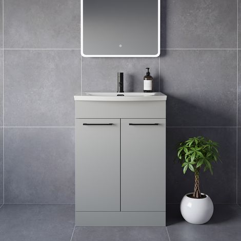 Napoli 390 Gloss Grey Pearl 600mm 2 Door Vanity Unit with Arc Basin - 600mm - Matt Black 160mm Handle