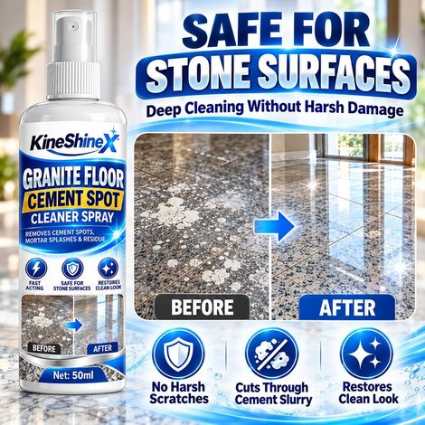 KineShineX Granite Floor Cement Spot Cleaning Spray powerfully removes cement spots and mortar splatter from granite floors. (1/3)