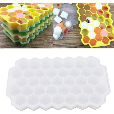 Bac à glaçons en silicone pur à 37 compartiments, motif nid d'abeille, avec couvercle, récipient pour aliments pour bébés en silicone fait maison, blanc avec couvercle. (1/5)