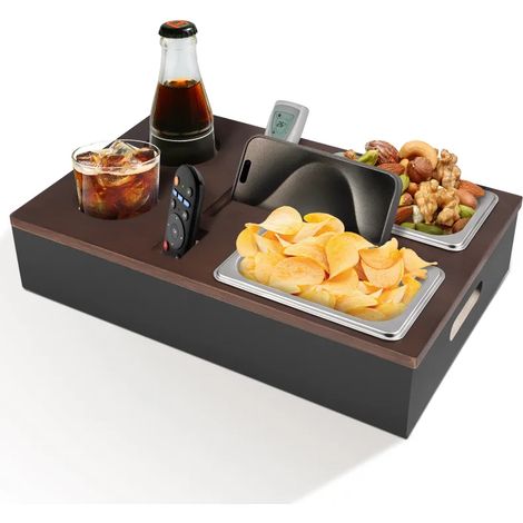 Table d'appoint en bambou Couchbar Snackbox – Table de canapé avec porte-bouteilles, 2 bols à apéritifs inox, porte-boissons, plateau et rangements, pour salon, lit et extérieur (1/5)