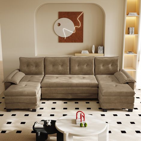 Canapé U-Form Chenille Khaki 278 cm, Schlafsofa mit USB-Anschluss und abnehmbaren Armlehnen (1/5)