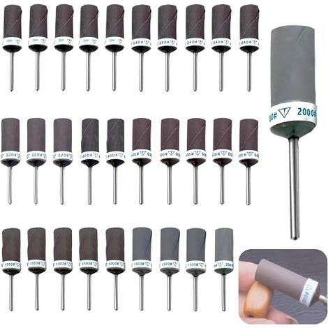 30 Pièces Tambours de Ponçage pour Outil Rotatif Dremel, Manchons avec Tige 3 mm (1/8"), Abrasifs 180 240 320 400 600 1000 1500 2000 Grains, et Polissage - (1/5)