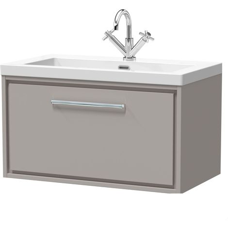 Balterley Longnor Modern Bathroom 1 Soft-Close Drawer Wall Hung Vanity Unit Fireclay Basin, Pebble Grey, 800mm