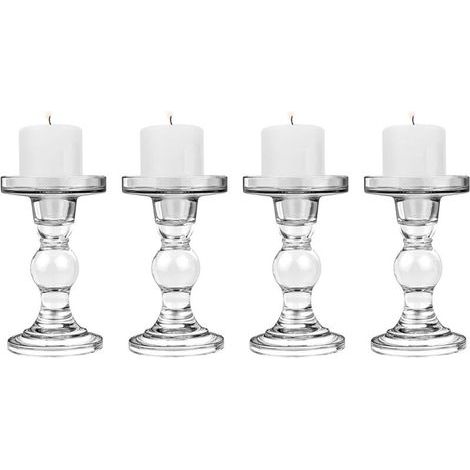 4 PCS Glass Candle Holders, (8 8.5 14 cm) Candlestick with Round Base, Stable Holder for Taper Candle, Modern Style Table Decoration for Home Party Wedding, Transparent