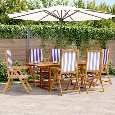 Ensemble repas de jardin 7 pièces extensible en acacia massif tissu bleu et blanc - PANGIVO (1/5)