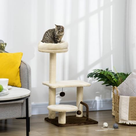 Arbre à chat avec tronc en sisal, perchoir et balles de jeu, en aggloméré et peluche, 44 x 38 x 81 cm (1/5)