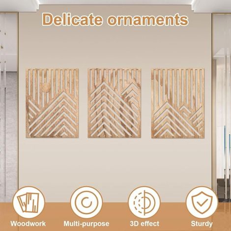 Lot de 3 sculptures murales géométriques modernes en bois - Décoration murale minimaliste pour intérieurs contemporains - Panneau creux sculpté à la main - Décoration à suspendre pour maison, couloir, (1/5)