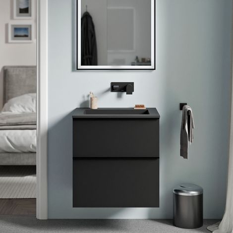 BERNSTEIN - Mobile lavabo sospeso MDF nero opaco, lavabo Ghisa senza foro rubinetto e maniglia nero opaco - 60x46x62cm - LAVOA	Nero opaco, Nero opaco, Nero opaco senza foro per rubinetto
