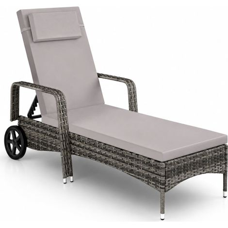 Lettino Solarium In Polyrattan Con Telaio Robusto Schienale Reclinabile Poggiatesta Morbido E Ruote Per Esterni 196 x 72 x 94.5 Cm Grigio