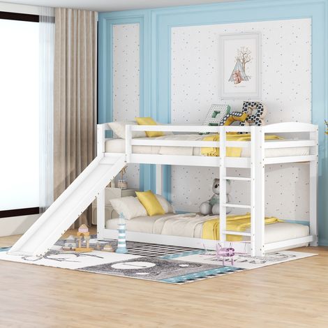 Litera 90x200 cm con tobogán estructura de pino fácil de montar blanca apta para niños y adolescentes (Sin Colchón) (1/5)