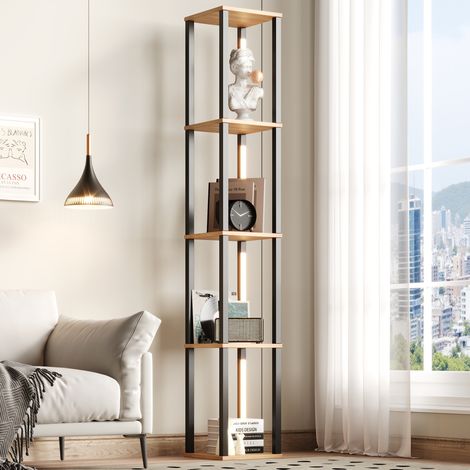 Bibliothèque étagère LED 26x26x165 cm 4 niveaux en MDF noir et décor bois (1/5)