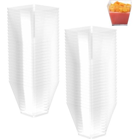 50 coupes à dessert réutilisables - coupes à dessert en plastique - Coupes à dessert - Bols à dessert carrés - Coupes à dessert 60 ml - Plastique - Transparent (1/5)