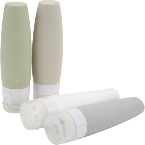 4-teiliges Silikon-Reiseflaschenset, 90 ml, Weithalsflasche, auslaufsicher, in 4 Farben, faltbar für unterwegs (1/5)