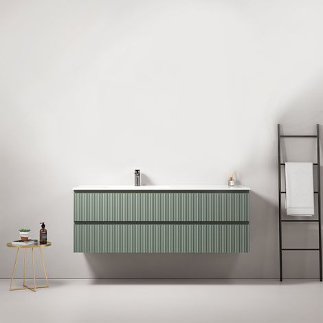 Mobile bagno sospeso cannettato 140 cm Verde Salvia Lavabo a Sinistra in Resina Senza Specchio - Fiji Paint (1/4)