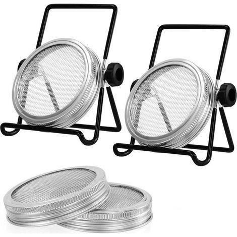 Kit de Germoire à Graine 6 Pièces - 4 Couvercles en Acier Inoxydable et 2 Supports - Kit Germination Graine pour Pots à Large Ouverture pour Germes de Graines, Brocoli, Luzerne, Haricot (1/5)