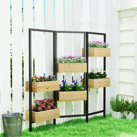 Séparateur d'espace avec 6 bacs à planter en bois et structure acier, treillis pliable avec drainage et feutre, brise-vue végétal intérieur et extérieur
