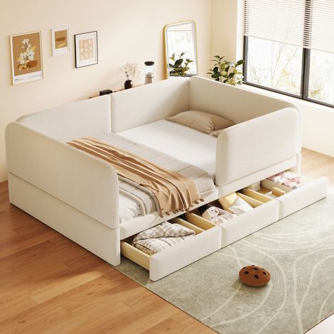 Lit enfant 140x200 cm en velours beige, avec rangement, pour chambre, sans matelas FloraGrace (1/5)