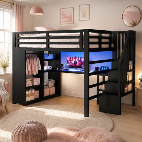 Letto a soppalco 140x200 cm in metallo nero con scrivania, ripiani e scala HAVRYA (1/5)