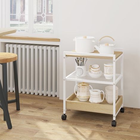 WOLTU Mesa Auxiliar con Multienchufe Carrito Auxiliar con Ruedas y Frenos Mesita de Noche para Salón Dormitorio Blanco+Roble Claro (1/5)