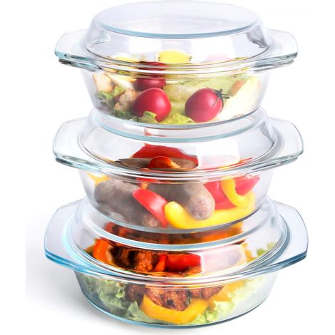 Lot de 6 Cocotte en Verre 1L/1.5L/1.8L, Rond Plat à Rôtir de Verre Thermorésistant en verre pour four, congélateur et lave-vaisselle (1/5)