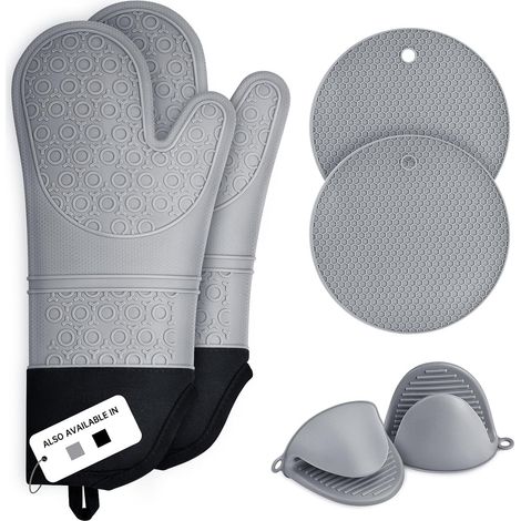 Maniques Cuisine, Gant Four Anti Chaleur Lot de 6 Résistant À la Chaleur Jusqu'À 230°C avec Silicone Antidérapant, Maniques Silicone pour la Cuission et Le Micro-Ondes, Gris (1/5)