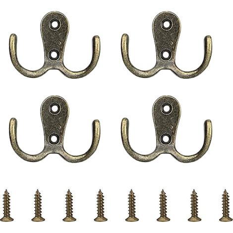 4 Pièces Crochet Double Métal Bronze Vintage, Crochet à Visser Patères Robuste avec 8 Vis à Bois, Boucle de Vestiaire Attache Métallique pour Porte Salle de Bain Cuisine Couloir Rangement Maison (1/5)