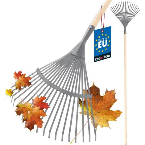 KOTARBAU® Rateau à Feuille - Acier - 41 cm - Râteau Jardin- avec Manche - 187 cm - Ramasse Feuille - Outil Robuste pour Gazon et Feuilles - Gris et Bois Naturel (1/5)