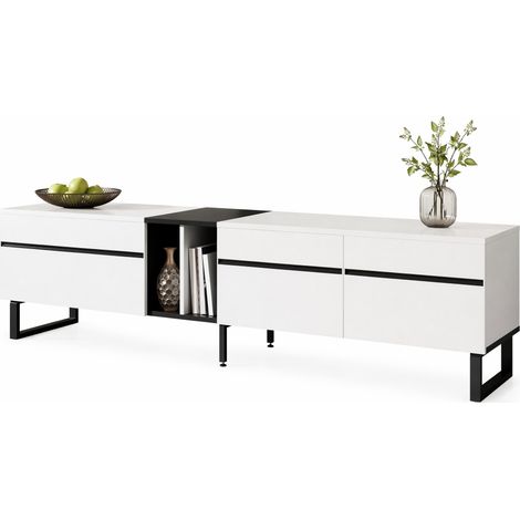 Meuble TV bas 180 cm blanc avec abattant, niches ouvertes et portes doubles, pieds réglables et rangement spacieux pour salon moderne et déco épurée - CHICFURN (1/5)