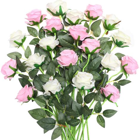 20 roses artificielles, double couleur soie fleuri rose avec tige, bouquet de roses artificielles, fleurs réalistes pour la maison, bureau, fête, mariage, jardin, compositions (blanc, rose) (1/5)