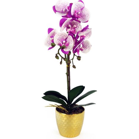 50cm Phalaenopsis Orchid Artificial - Purple / White - Gold Pot (1/5)