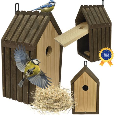 MODO24 Nichoir oiseaux (mésanges) bois lamelles, entrée 2,8 cm, livré monté, avec paille, jardin, marron imprégné (1/5)