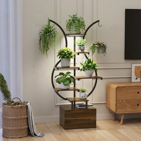 Pflanzenregal - Pflanzenständer 6 Ebenen - 55x30x140 cm - Metall und MDF - Braun - Skandinavischer Stil - für Wohnzimmer, Schlafzimmer, Balkon