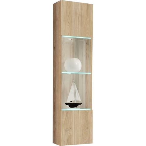 Vitrine murale Fly 42 avec éclairage LED - Bois MDF chêne Hickory Jackson - 40 x 170 x 29 cm - Livraison gratuite (1/3)
