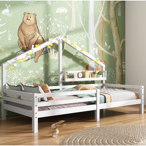 Bett Hausbett 90x200 mit Regal Kiefer Weiß HAVRYA (1/5)
