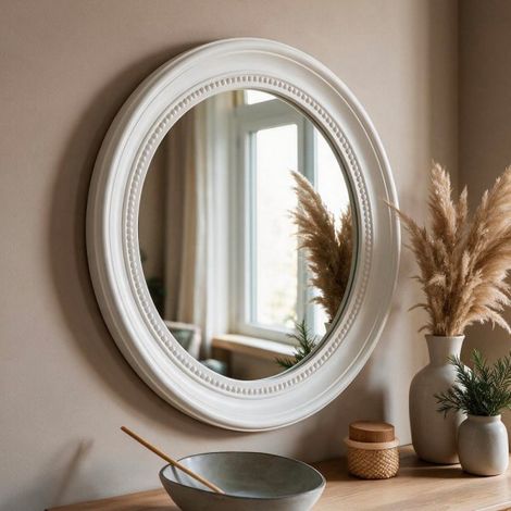Specchio Decorativo Rotondo MR512 da Parete 45x45 cm Bianco con Bordo Interno Perlinato