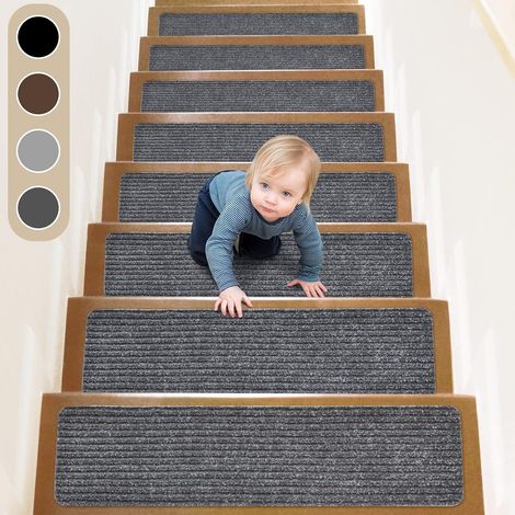 Lot de 8 marches d'escalier antidérapantes grises pour escaliers en bois (20 x 76 cm), avec adhésif pré-appliqué, sans danger pour les enfants et les animaux (1/5)