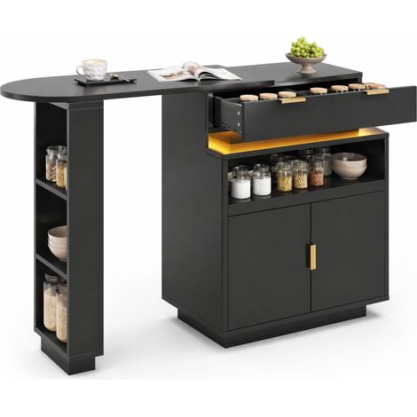 ELVMI Isla de Cocina Extensible con Almacenaje, Estantes Ajustables, LED y Tablero Giratorio, MDF Negro, 115 x 40 x 99.5 cm (1/5)