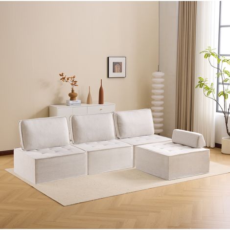 Canapé modulaire compact beige en contreplaqué et tissu aspect lin, léger et confortable (1/5)