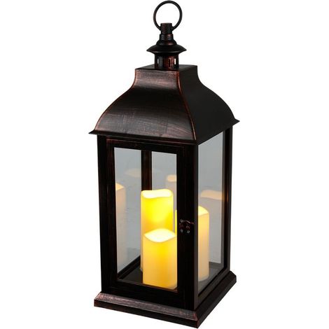 BURI XXL Laterne Vintage Windlicht schwarz mit 3 LED-Kerzen Flackereffekt - Laterne Kerzenhalter 60cm Dekolaterne groß mit Glasscheiben und Timer für den Innenbreich (1/5)