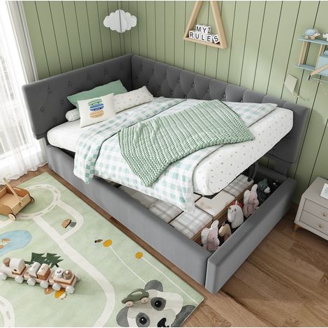 Lit coffre 90x200 avec rangement en velours gris HAVRYA (1/5)
