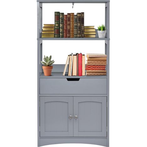 COSTWAY Armario Muebles Auxiliares Cocina,Puerta y 3 Estantes de Madera Estantería Gabinete para Baño Cocina Organizador Almacenamiento, 60x32,5x132 cm (Gris) (1/5)