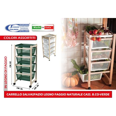Carrello Portaverdure Slim in Legno di Faggio Naturale con 4 Cassetti  30 x 36 x 83 cm
